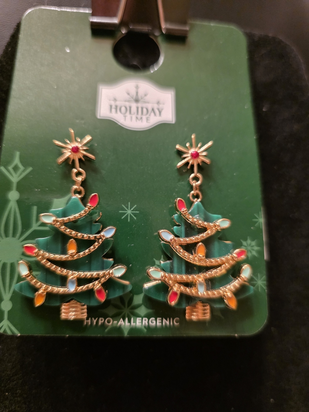 #419 Holiday Time Gold-Tone Green Christmas Tree Earrings with Multicolor Lights